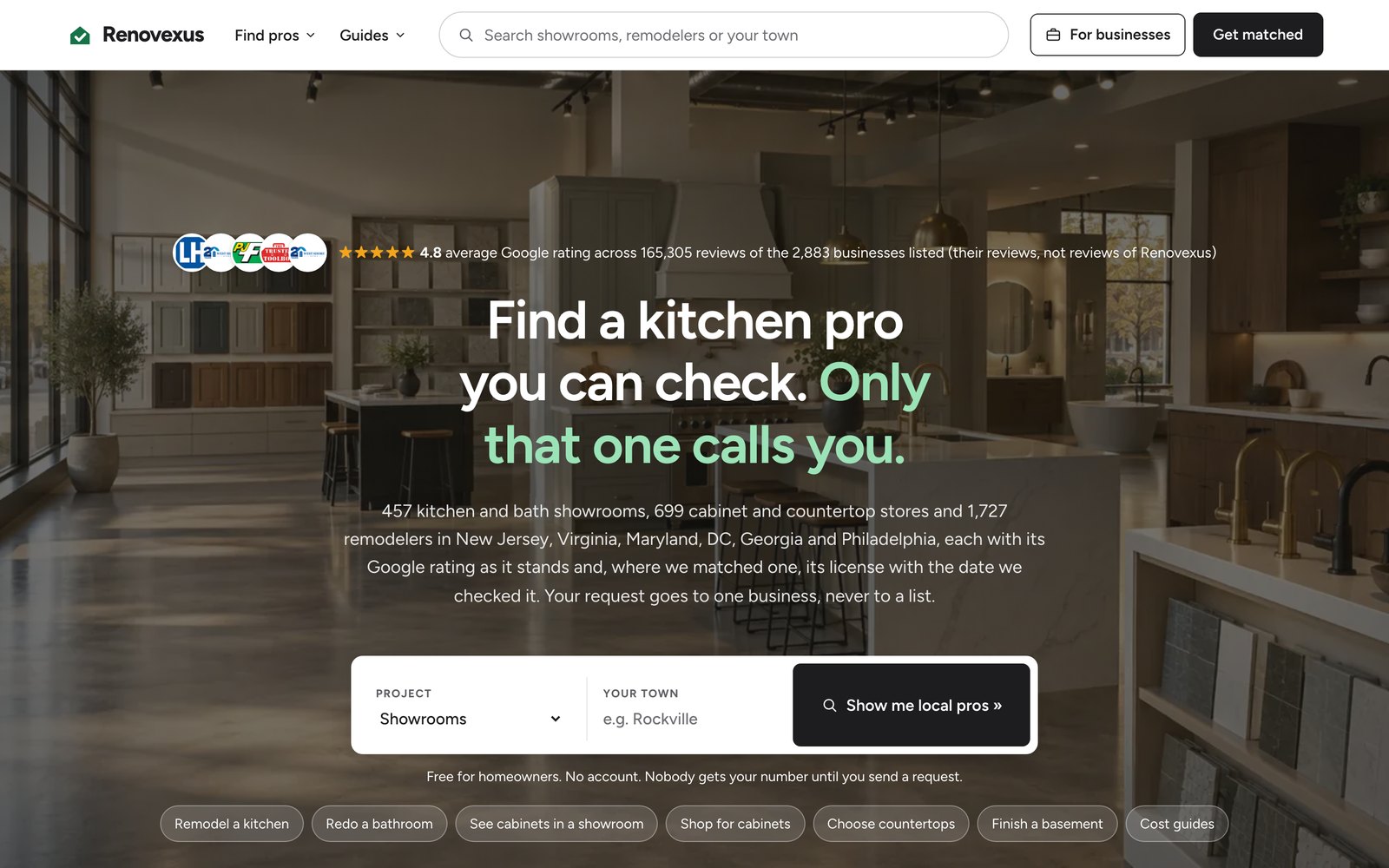 The Renovexus homepage: a search for 457 kitchen and bath showrooms, 699 cabinet and countertop stores and 1,727 remodelers in New Jersey, Virginia, Maryland, DC, Georgia and Philadelphia, each shown with its Google rating and, where matched, its state license and the date it was checked