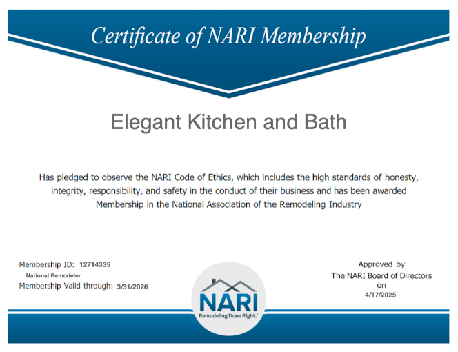 Elegant Kitchen and Bath Becomes NARI Certified Remodeler in Herndon, VA