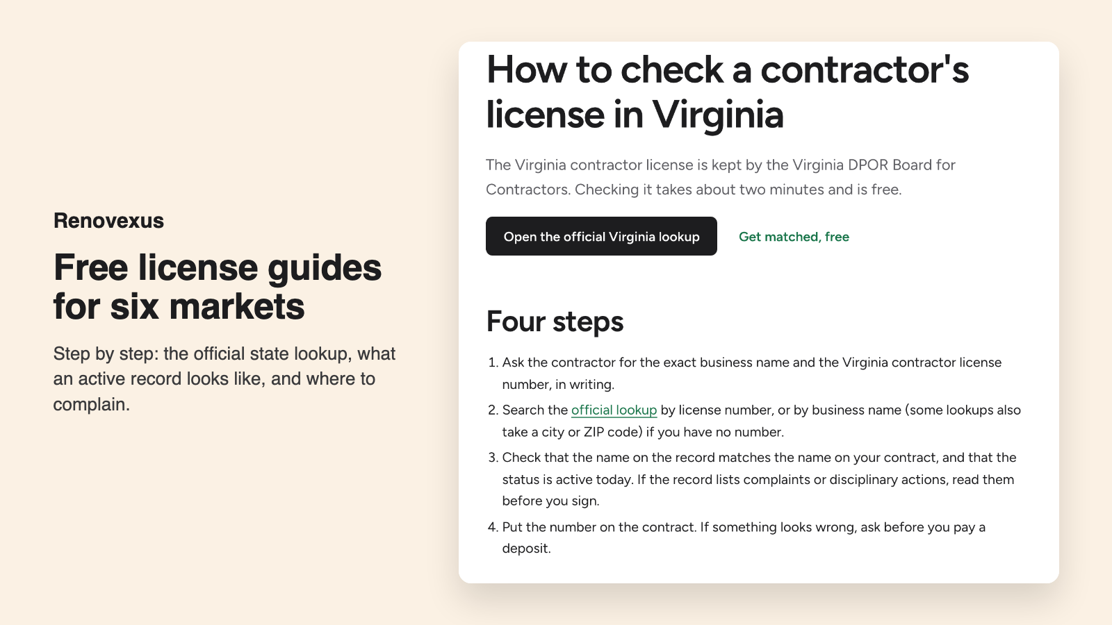 A Renovexus guide titled “How to check a contractor’s license in Virginia”, with a button that opens the official Virginia lookup and four numbered steps: get the license number in writing, search the official lookup, check that the name matches and the status is active, and put the number on the contract.